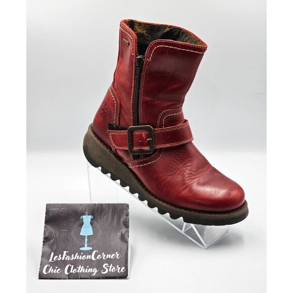 Fly London Women's Red  Leather Seku Wedge Buckled Ankle Boots Sz (5.5) 36 2907 - Picture 13 of 16